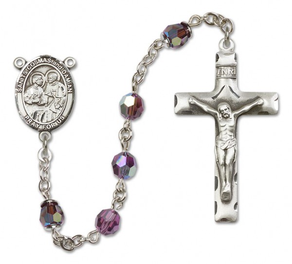 Saints Cosmas and Damian Sterling Silver Heirloom Rosary Squared Crucifix - Amethyst