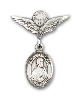 Pin Badge with St. Thomas the Apostle Charm and Angel with Smaller Wings Badge Pin - Silver tone