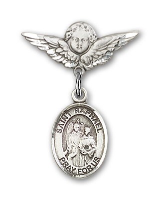 Pin Badge with St. Raphael the Archangel Charm and Angel with Smaller Wings Badge Pin - Silver tone