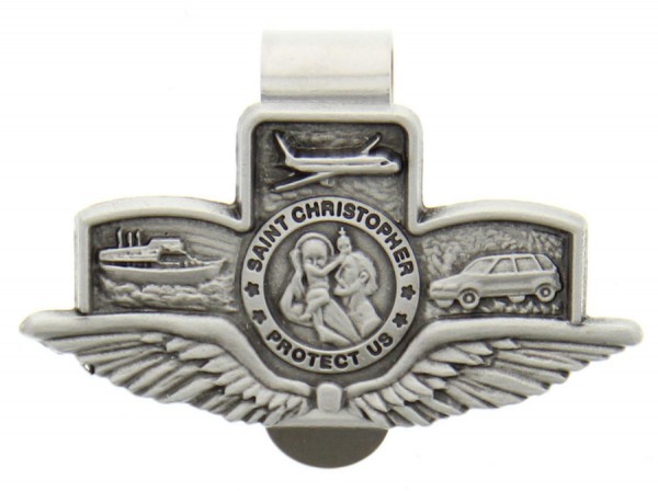 St. Christopher with Wings Land-Air-Sea Visor Clip, Pewter - 2 5/8&quot;W - Silver