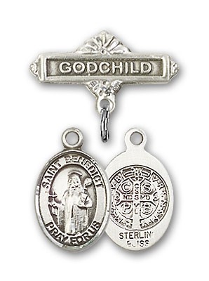 Pin Badge with St. Benedict Charm and Godchild Badge Pin - Silver tone