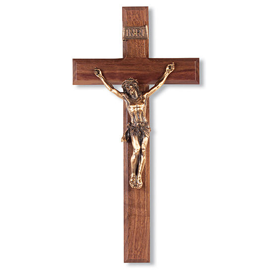 Classic Dark Walnut Wall Crucifix with Gold-tone Corpus - 12 inch - Brown
