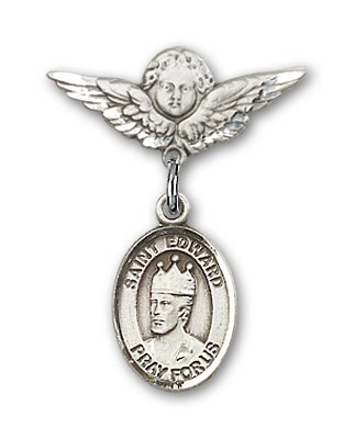 Pin Badge with St. Edward the Confessor Charm and Angel with Smaller Wings Badge Pin - Silver tone