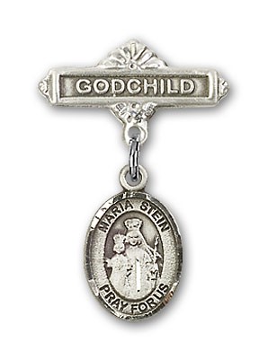 Baby Badge with Maria Stein Charm and Godchild Badge Pin - Silver tone