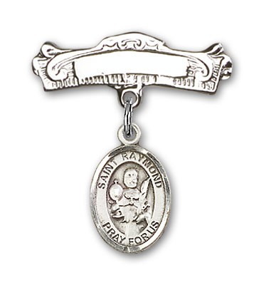 Pin Badge with St. Raymond Nonnatus Charm and Arched Polished Engravable Badge Pin - Silver tone