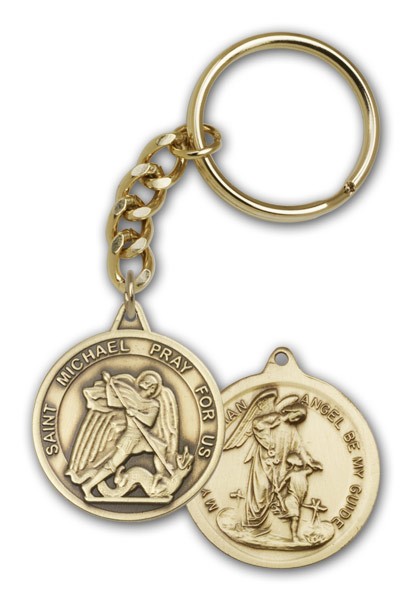 Double Sided St. Michael the Archangel and Guardian Angel Key Chain - Antique Gold