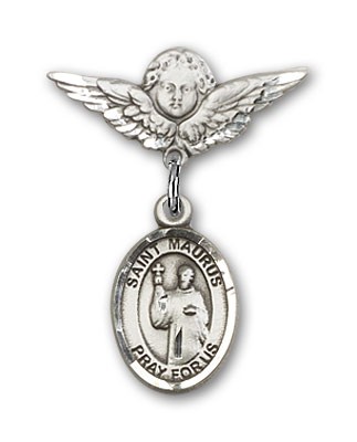 Pin Badge with St. Maurus Charm and Angel with Smaller Wings Badge Pin - Silver tone