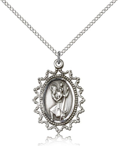 Pointed Open-Cut Border St. Christopher Necklace - Sterling Silver