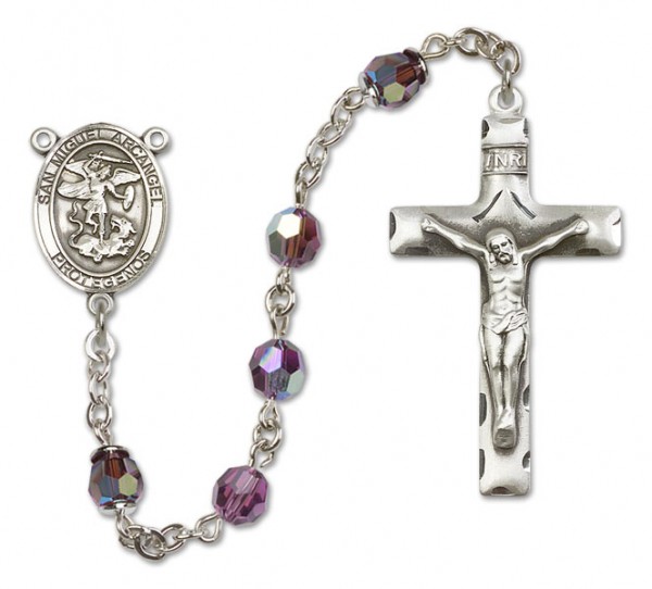 San Miguel the Archangel Sterling Silver Heirloom Rosary Squared Crucifix - Amethyst