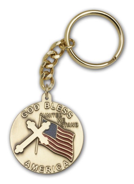 God Bless America Keychain - Antique Gold