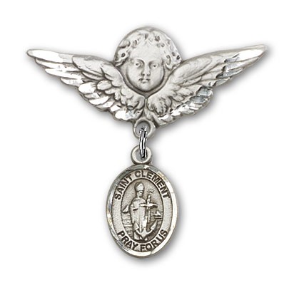 Pin Badge with St. Clement Charm and Angel with Larger Wings Badge Pin - Silver tone
