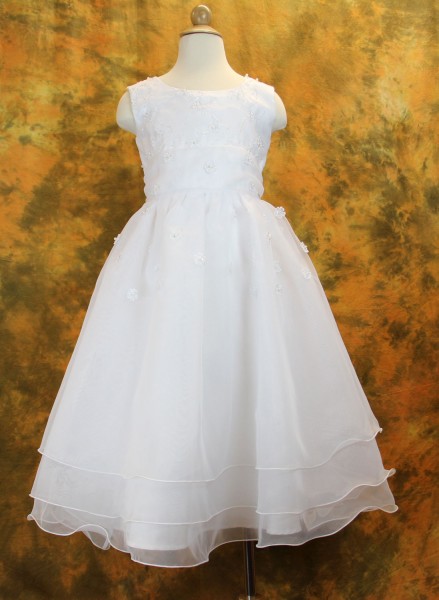 First Communion Dress with Embroidered Organza &amp; Pearls - White