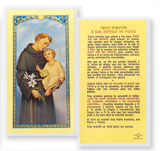 Trece Minutos A San Antonio Laminated Spanish Prayer Card - 25 Cards Per Pack .80 per card