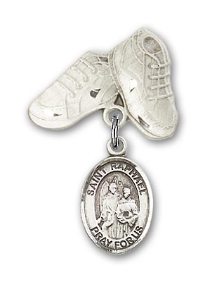 Pin Badge with St. Raphael the Archangel Charm and Baby Boots Pin - Silver tone