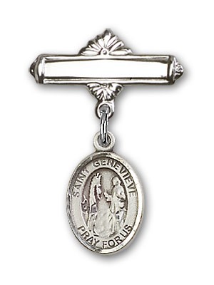 Pin Badge with St. Genevieve Charm and Polished Engravable Badge Pin - Silver tone