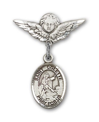 Pin Badge with St. Colette Charm and Angel with Smaller Wings Badge Pin - Silver tone