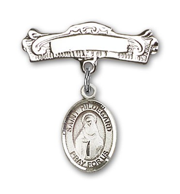 Pin Badge with St. Hildegard Von Bingen Charm and Arched Polished Engravable Badge Pin - Silver tone