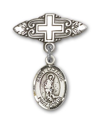 Pin Badge with St. Lazarus Charm and Badge Pin with Cross - Silver tone