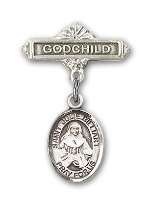Pin Badge with St. Julie Billiart Charm and Godchild Badge Pin - Silver tone