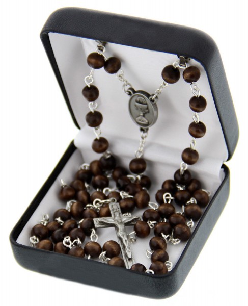 First Communion Brown Wood Rosary with Chalice Centerpiece - Brown | Silver