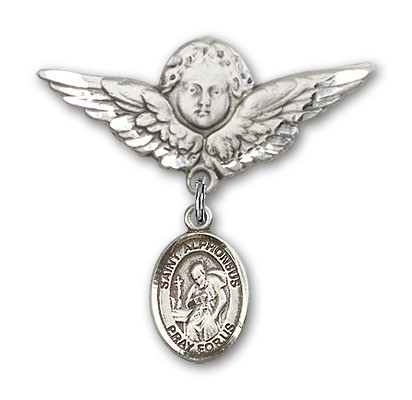 Pin Badge with St. Alphonsus Charm and Angel with Larger Wings Badge Pin - Silver tone