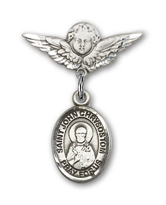 Pin Badge with St. John Chrysostom Charm and Angel with Smaller Wings Badge Pin - Silver tone