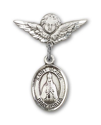 Pin Badge with St. Blaise Charm and Angel with Smaller Wings Badge Pin - Silver tone