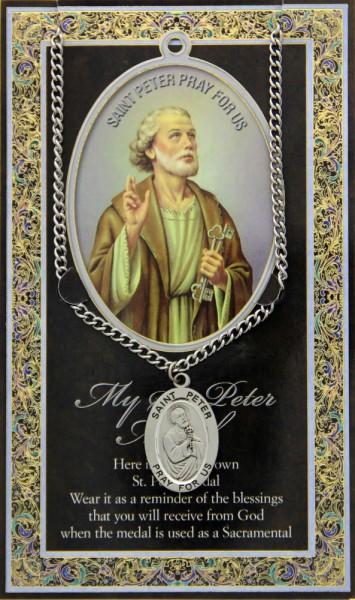 St. Peter Medal in Pewter with Bi-Fold Prayer Card - Silver tone
