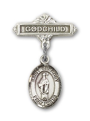 Pin Badge with St. Gregory the Great Charm and Godchild Badge Pin - Silver tone
