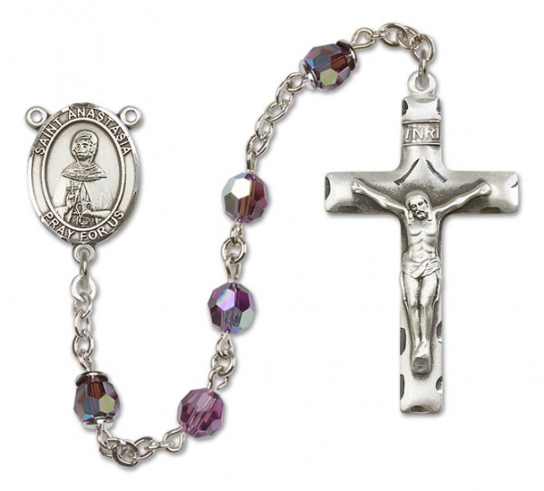 St. Anastasia Sterling Silver Heirloom Rosary Squared Crucifix - Amethyst