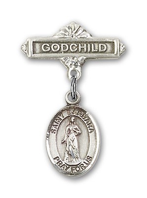 Pin Badge with St. Barbara Charm and Godchild Badge Pin - Silver tone