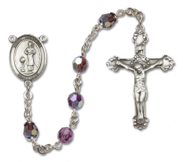 St. Genesius of Rome Sterling Silver Heirloom Rosary Fancy Crucifix - Amethyst