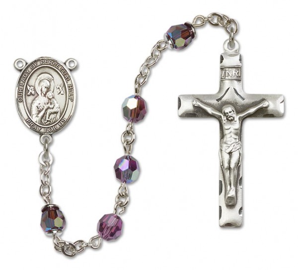 Our Lady of Perpetual Help Sterling Silver Heirloom Rosary Squared Crucifix - Amethyst