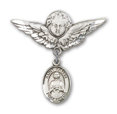Pin Badge with St. Kateri Charm and Angel with Larger Wings Badge Pin - Silver tone
