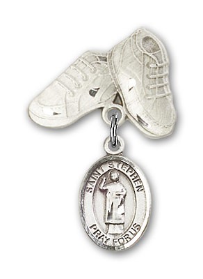 Pin Badge with St. Stephen the Martyr Charm and Baby Boots Pin - Silver tone
