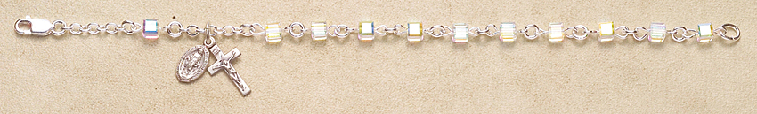 Rosary Bracelet - Sterling Silver with Crystal Swarovski Cube - Crystal