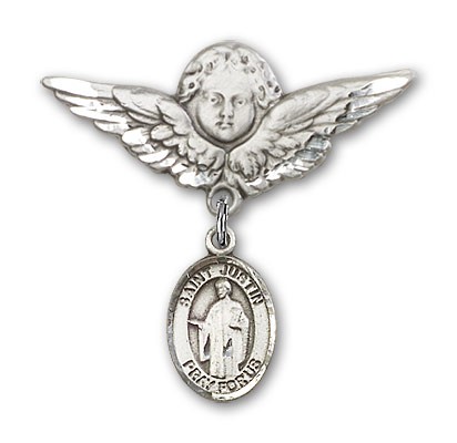 Pin Badge with St. Justin Charm and Angel with Larger Wings Badge Pin - Silver tone