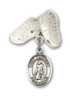 Pin Badge with St. Peregrine Laziosi Charm and Baby Boots Pin - Silver tone