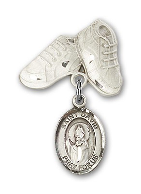 Pin Badge with St. David of Wales Charm and Baby Boots Pin - Silver tone