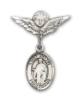 Pin Badge with St. Justin Charm and Angel with Smaller Wings Badge Pin - Silver tone