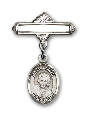 Pin Badge with St. Gianna Beretta Molla Charm and Polished Engravable Badge Pin - Silver tone