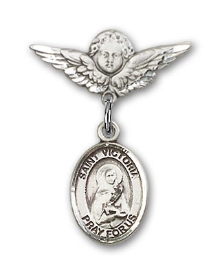 Pin Badge with St. Victoria Charm and Angel with Smaller Wings Badge Pin - Silver tone