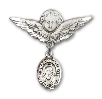 Pin Badge with St. Francis de Sales Charm and Angel with Larger Wings Badge Pin - Silver tone
