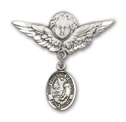 Pin Badge with St. Catherine of Bologna Charm and Angel with Larger Wings Badge Pin - Silver tone