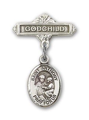 Pin Badge with St. Anthony of Padua Charm and Godchild Badge Pin - Silver tone