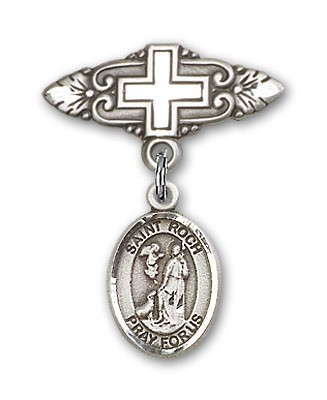 Pin Badge with St. Roch Charm and Badge Pin with Cross - Silver tone
