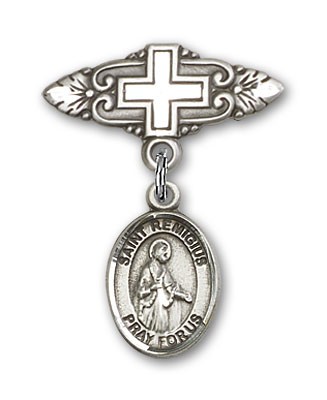 Pin Badge with St. Remigius of Reims Charm and Badge Pin with Cross - Silver tone