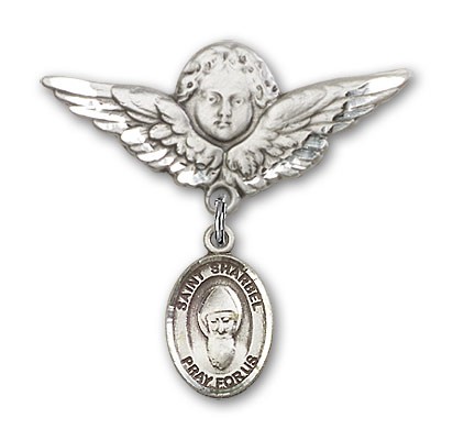 Pin Badge with St. Sharbel Charm and Angel with Larger Wings Badge Pin - Silver tone