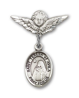 Pin Badge with St. Teresa of Avila Charm and Angel with Smaller Wings Badge Pin - Silver tone