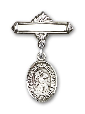 Pin Badge with St. Gabriel the Archangel Charm and Polished Engravable Badge Pin - Silver tone